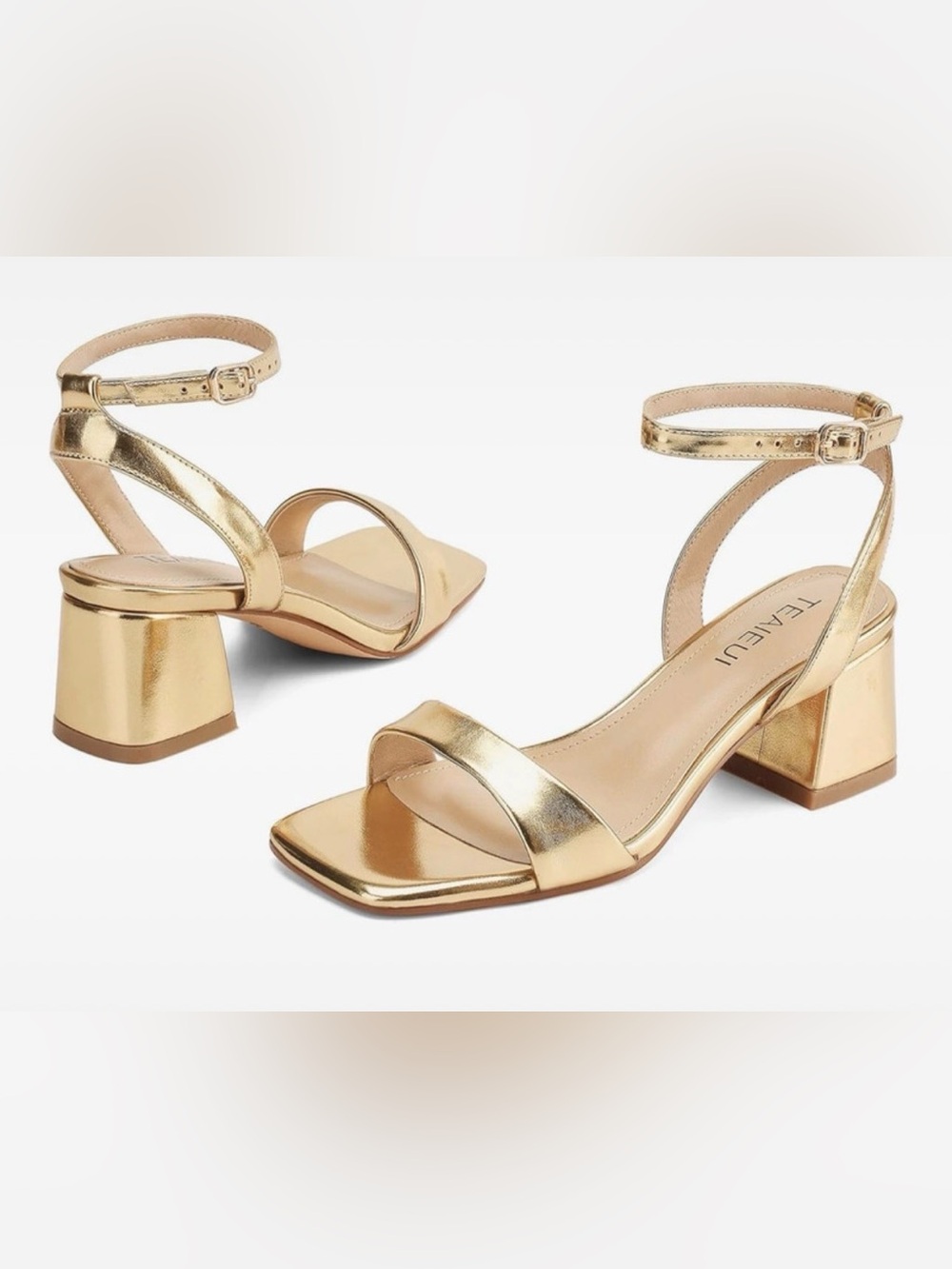 Teaieui Gold Metallic Square Toe Block Heel Sandals - Ankle Strap New in Box